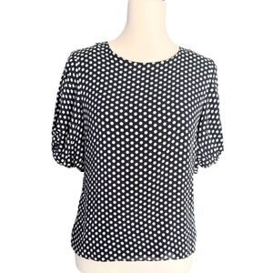 Milly Black White Polka Dot 100% Silk Puff Sleeve Blouse Top Sz 6 Made in USA